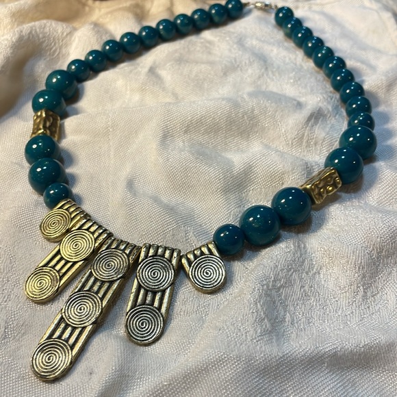 Handmade Aztec Brass Turquoise Beaded Collar 21in Necklace - Picture 7 of 7